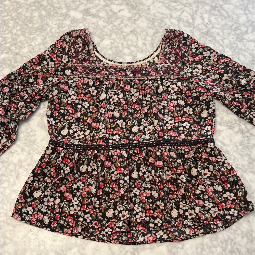 Knox Rose Black Floral Peplum Blouse with Pink & Cream Flowers